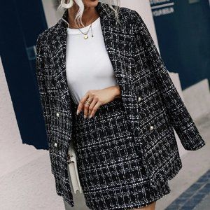 Black Plaid Print Double Breasted Blazer & Skirt